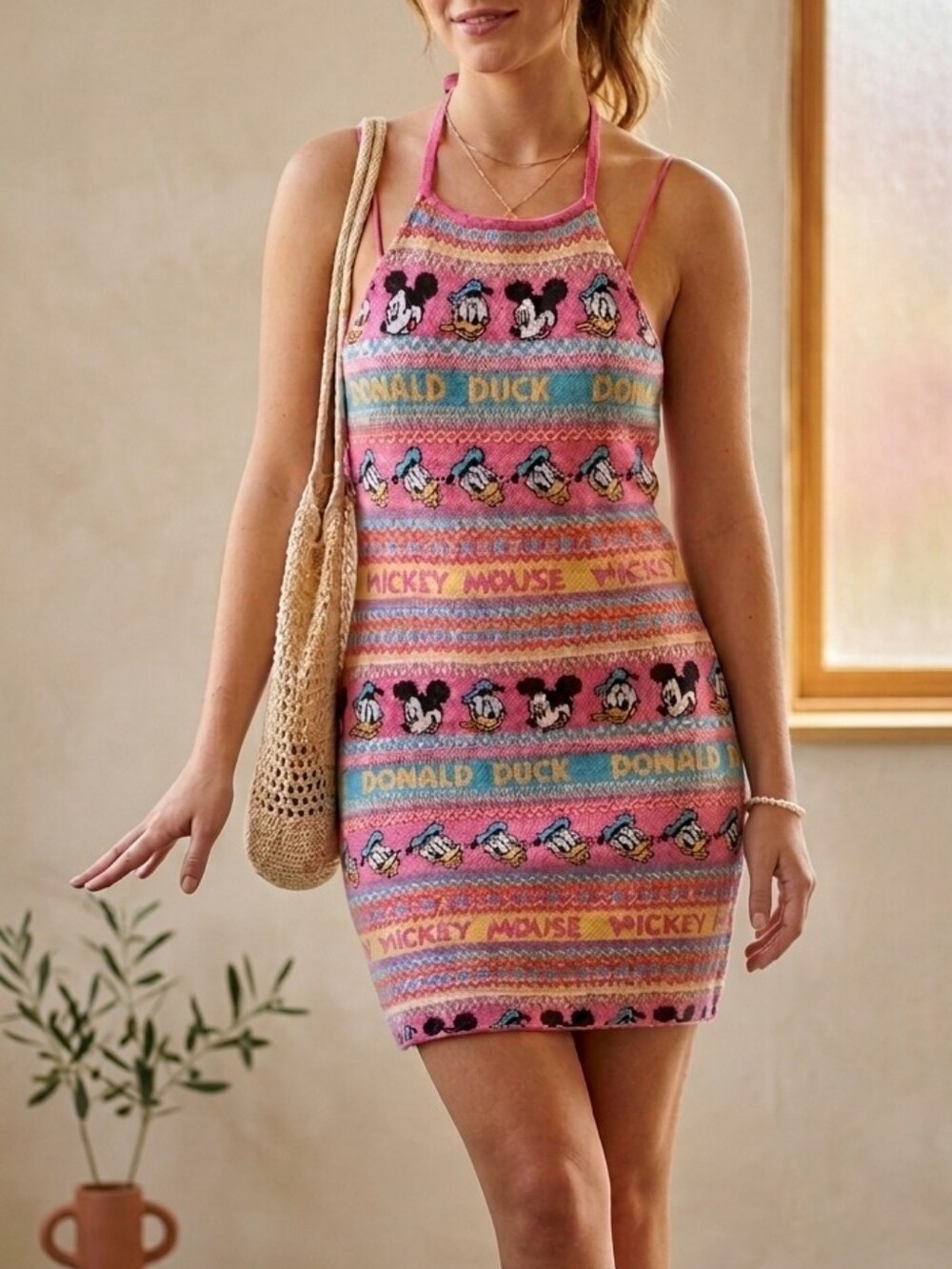 Zara x Disney Knit Halter Mini Dress Mickey Donald Fair Isle Pattern Sz S NWT